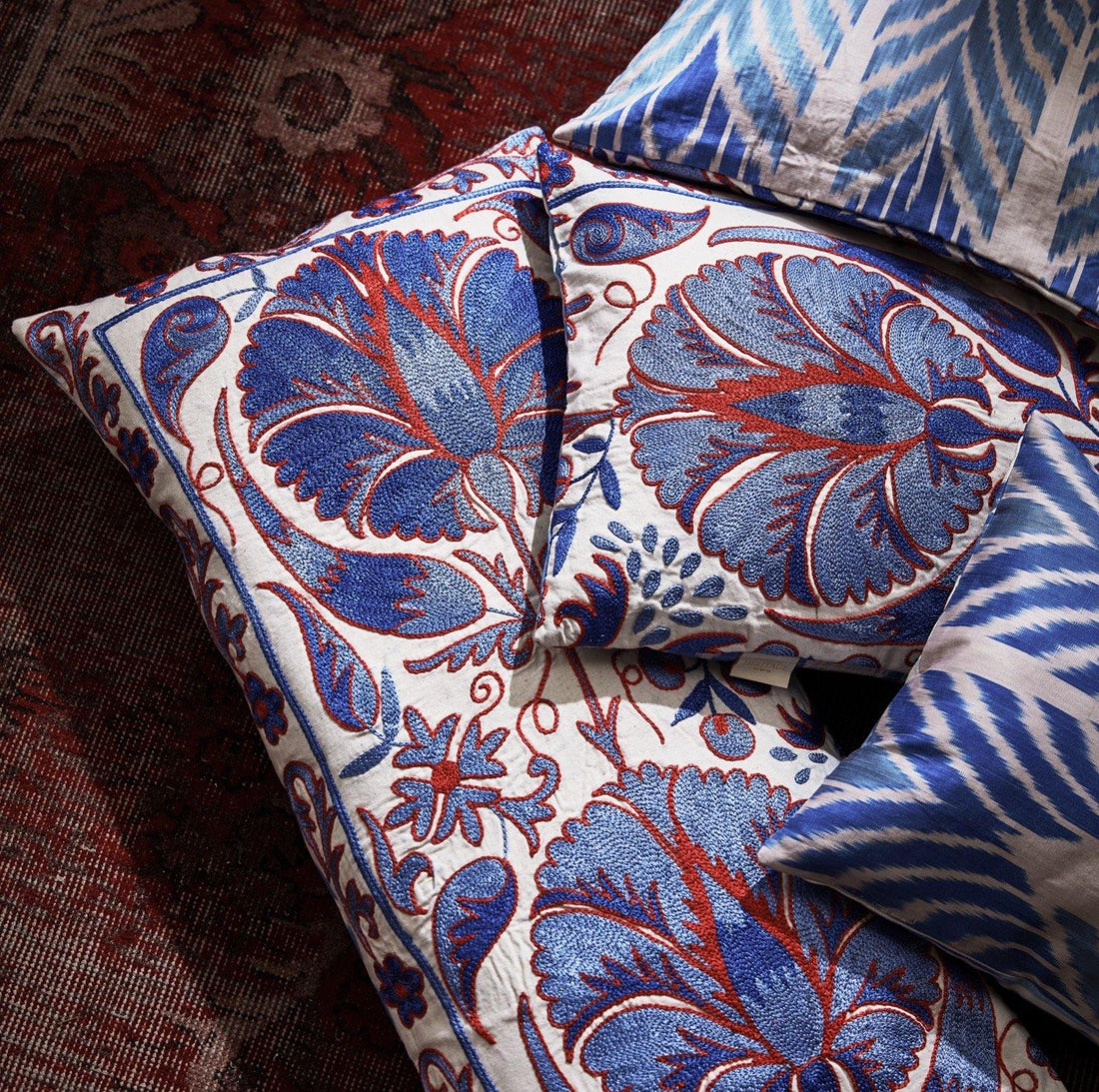 The Babylon Collection | Blue & Red Flower  Suzani Cushions