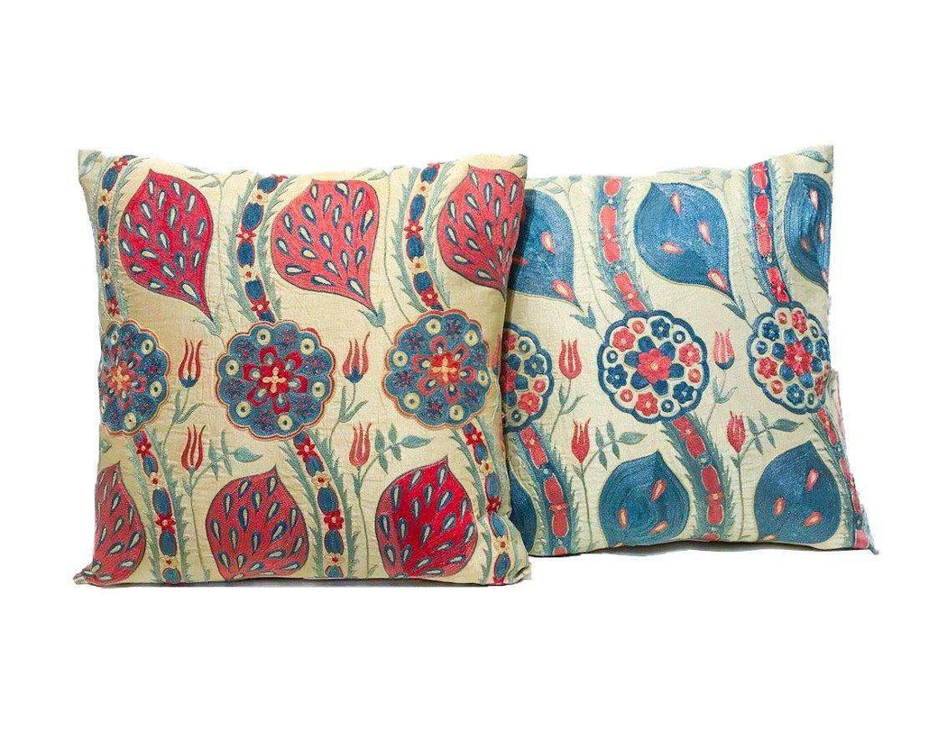 Blue Leaf  Design Silk Suzani Cushion - Heritage Geneve