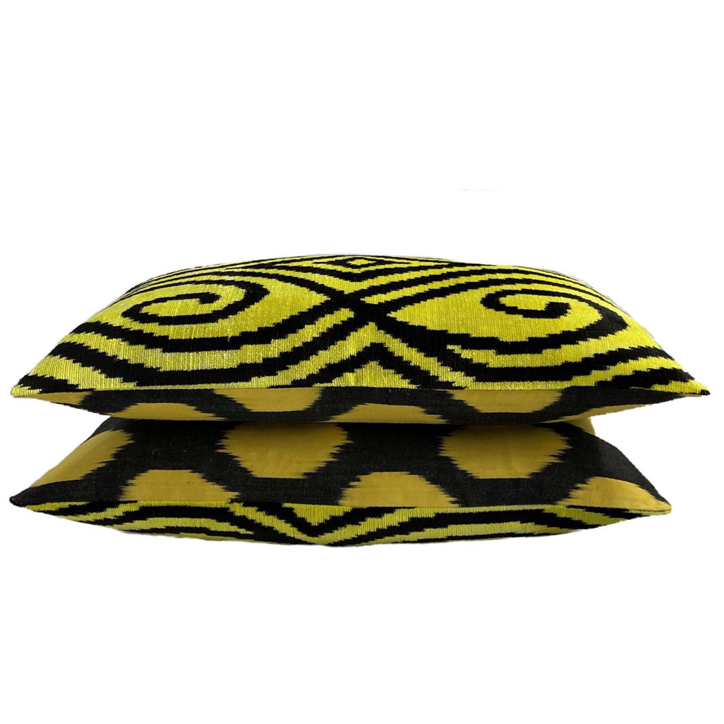Velvet Ikat silk interior design black yellow stripe cushion cover