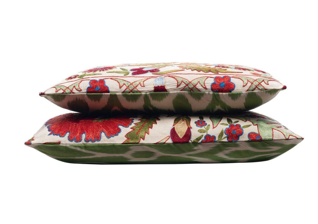 Sage Garden Silk Suzani Cushion Double Sided Ikat