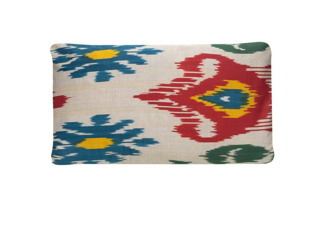 red and blue ikat cushion