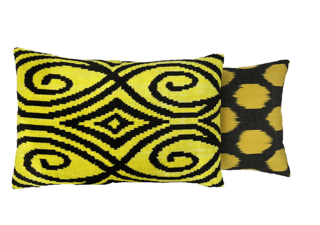 Velvet Ikat double sided cushion pillow yellow dots
