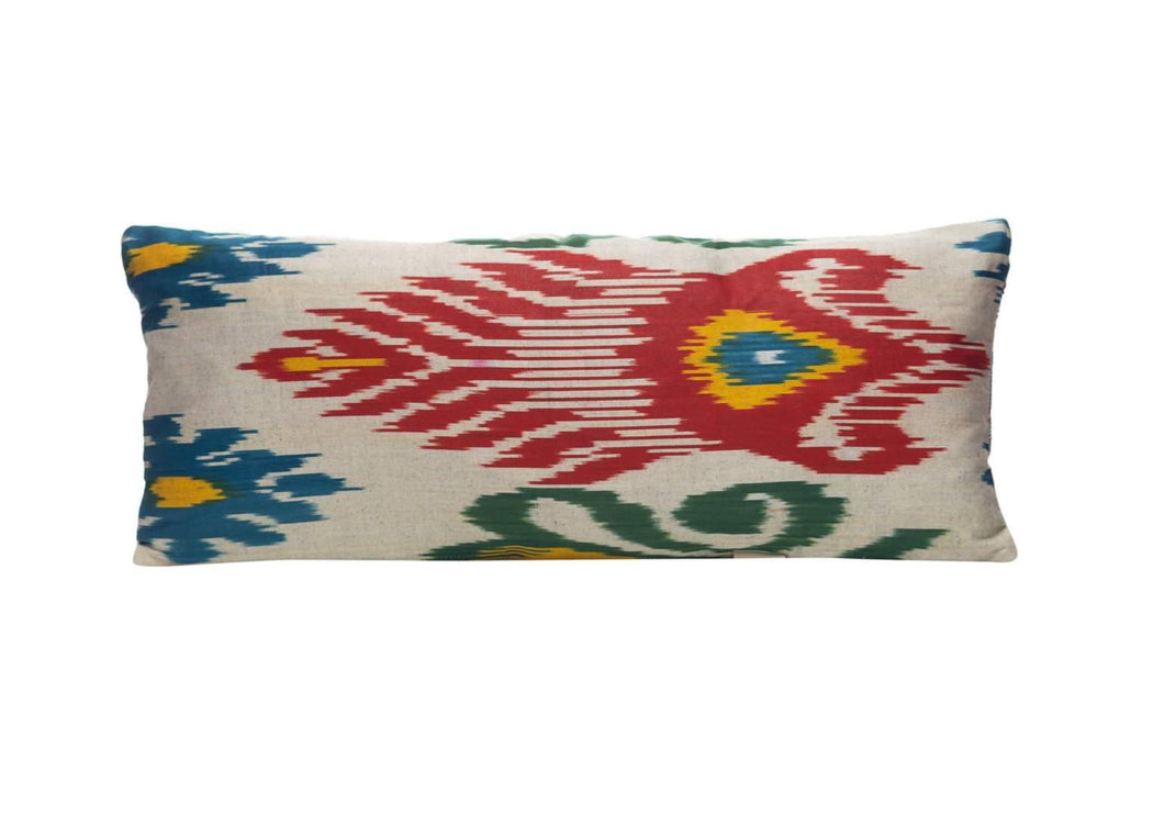 red and green ikat cushion