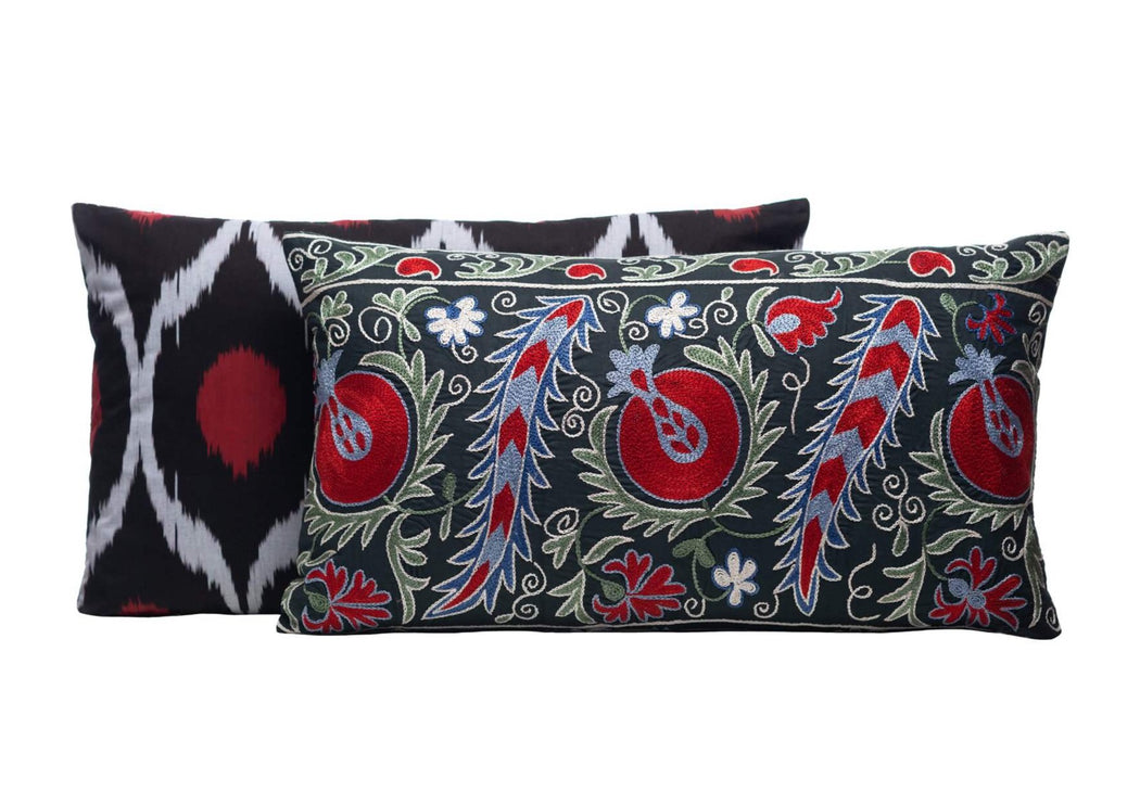 Pomegranate Tree Silk Suzani Cushion Double Sided Ikat