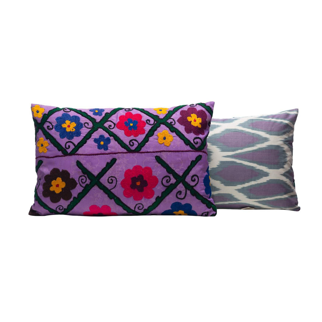 Purple Bunch Bouquet Silk Suzani Cushion Double Sided Ikat
