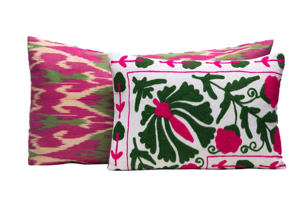 pink and green suzani cushions