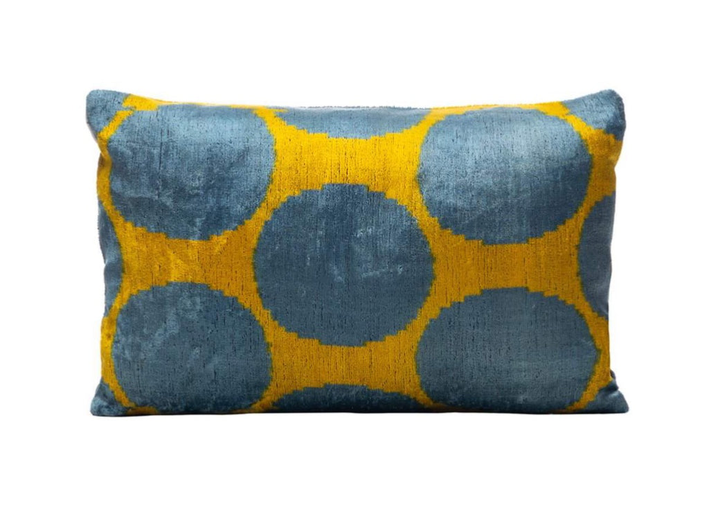 blue yellow velvet cushion