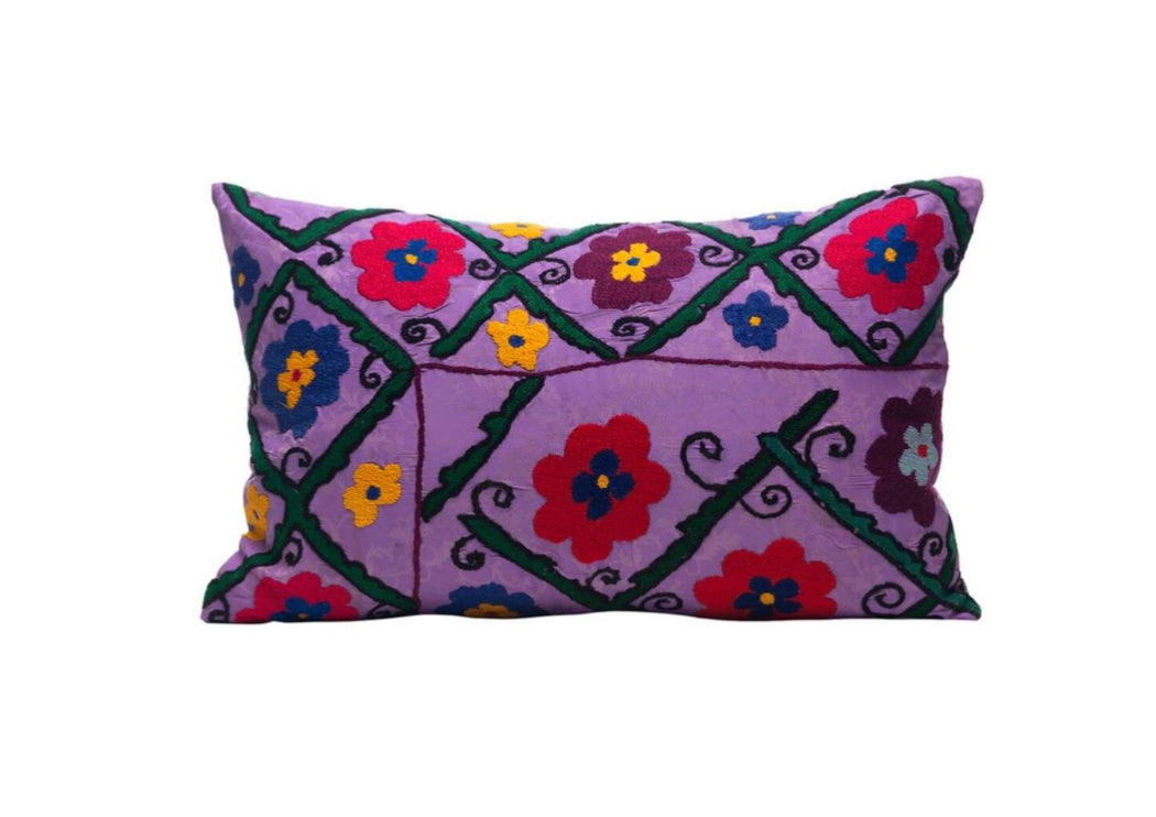 Purple Bunch Garden Silk Suzani Cushion Double Sided Ikat
