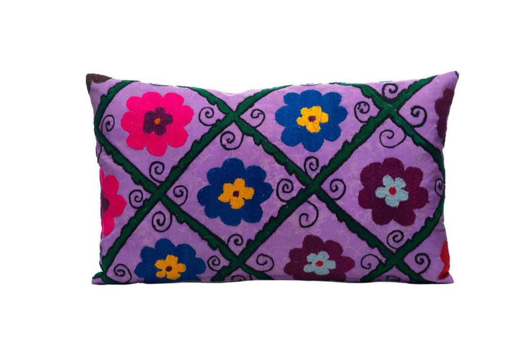 Purple Bunch Pink Flowers Silk Suzani Cushion Double Sided Ikat